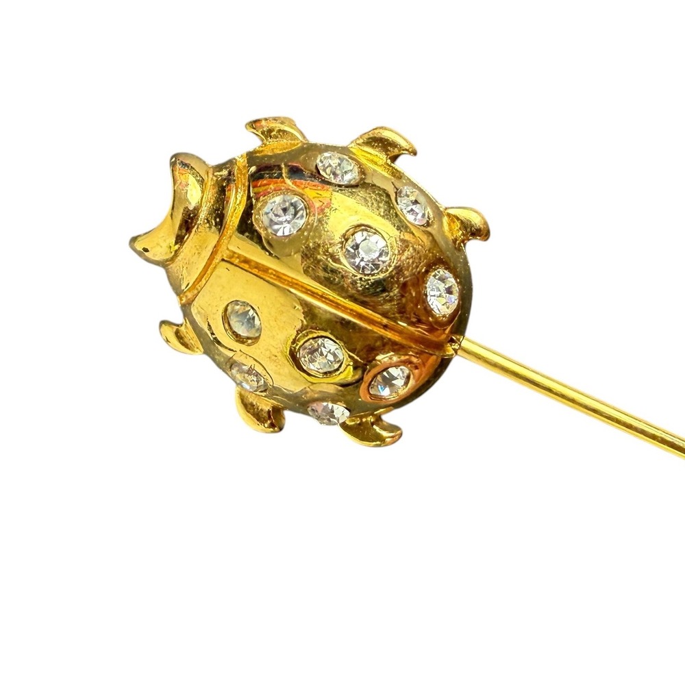 Trifari Vintage Gold Tone Rhinestone Ladybug Stick Pin Lapel Hat Accessory - Picture 2 of 9